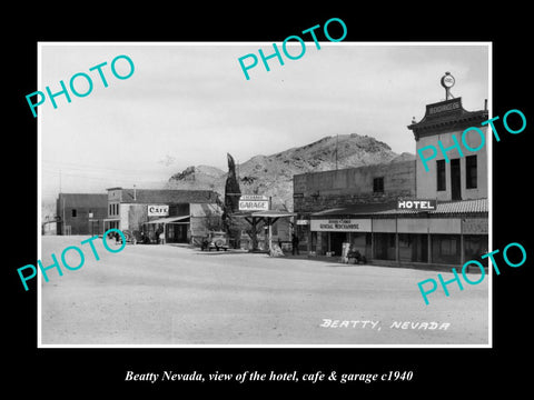 OLD LARGE HISTORIC PHOTO OF BEATTY NEVADA, THE HOTEL, GARAGE & CAFE c1940