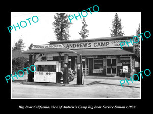 OLD LARGE HISTORIC PHOTO OF BIG BEAR CALIFORNIA, ANDREWS CAMP GAS STATION c1930