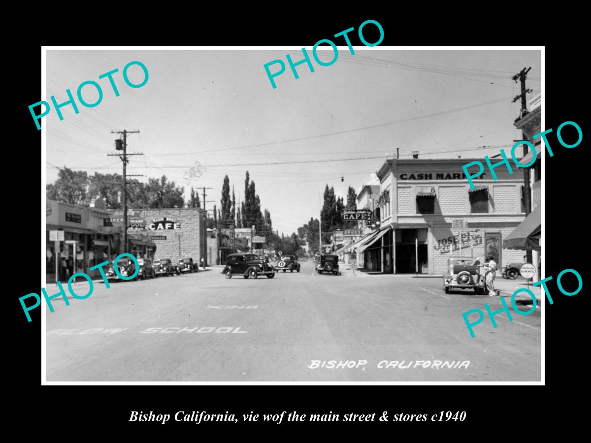 OLD LARGE HISTORIC PHOTO OF BISHOP CALIFORNIA, THE MAIN STREET & STORES c1940