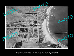 OLD LARGE HISTORIC PHOTO OF CAYUCOS CALIFORNIA, AERIAL VIEW OF THE TOWN c1950