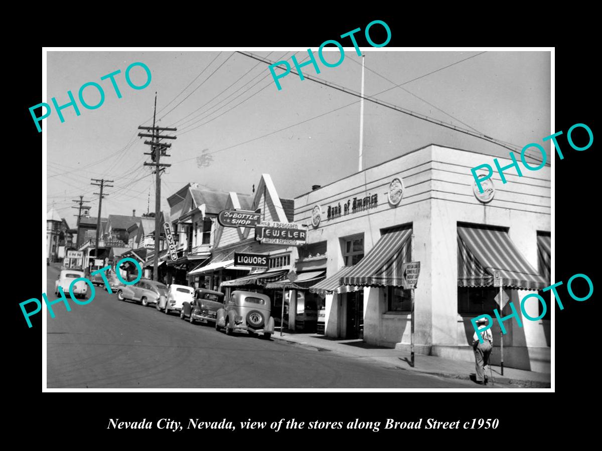 OLD LARGE HISTORIC PHOTO OF NEVADA CITY NEVADA, VIEW OF STORES ON BROAD St c1950