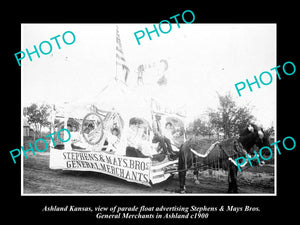 OLD LARGE HISTORIC PHOTO OF ASHLAND KANSAS, STEPHENS & MAY MERCHANTS FLOAT c1900