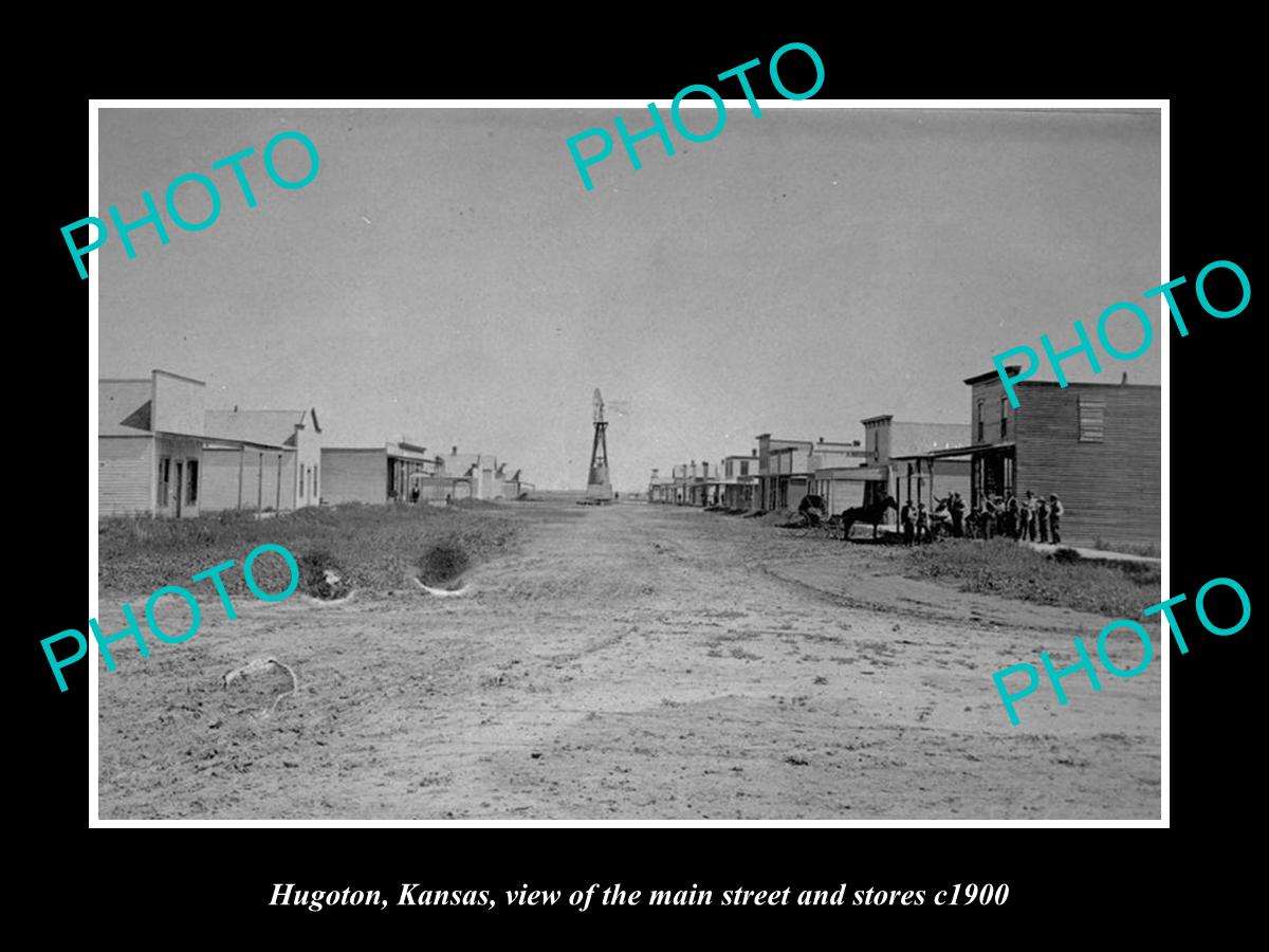 OLD LARGE HISTORIC PHOTO OF HUGOTON KANSAS, THE MAIN STRETT & STORES c1900