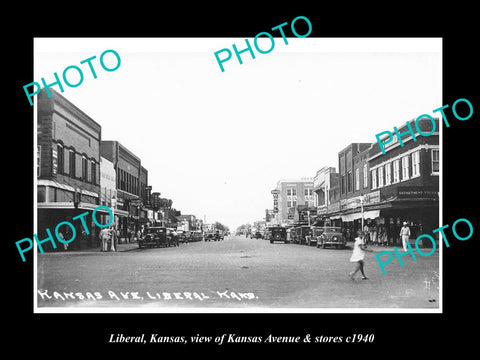 OLD LARGE HISTORIC PHOTO OF LIBERAL KANSAS, KANSAS AVENUE & ITS STORES c1940