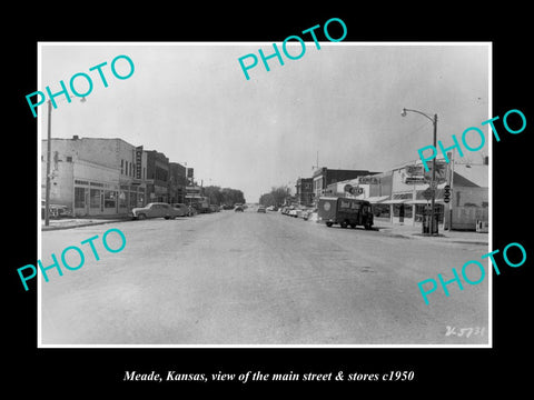 OLD LARGE HISTORIC PHOTO OF MEADE KANSAS, THE MAIN STREET & STORES c1950