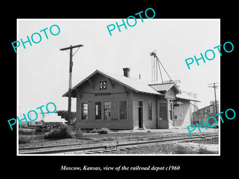 OLD LARGE HISTORIC PHOTO OF MOSCOW KANSAS, THE RAILROAD DEPOT STATION c1960