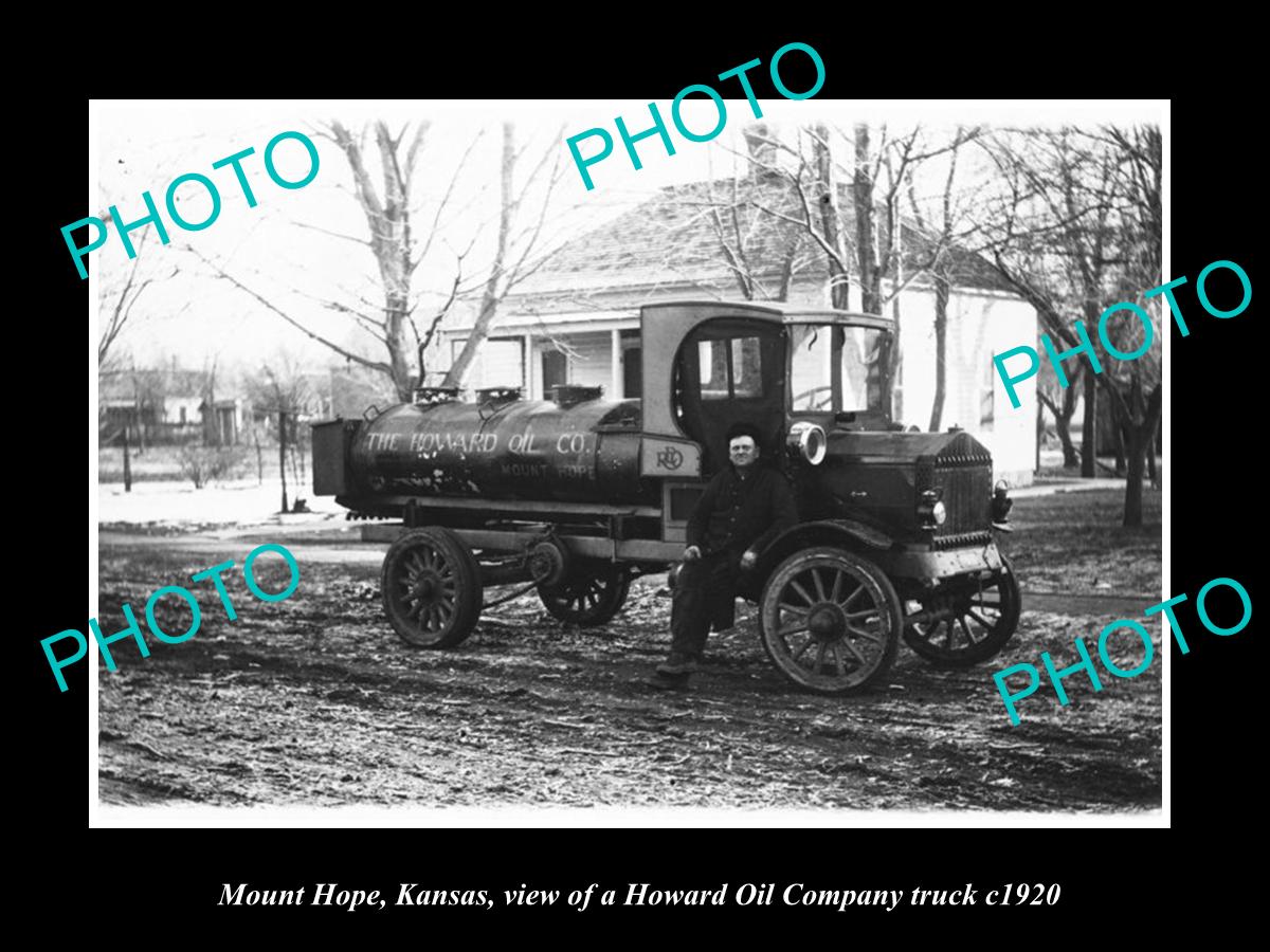 OLD LARGE HISTORIC PHOTO OF MOUNT HOPE KANSAS, THE HOWARD OIL Co TRUCK c1920