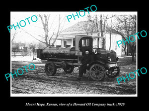 OLD LARGE HISTORIC PHOTO OF MOUNT HOPE KANSAS, THE HOWARD OIL Co TRUCK c1920