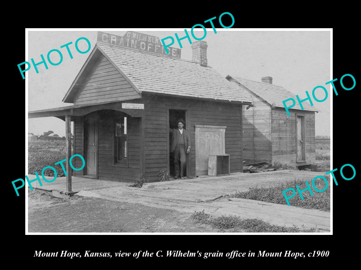 OLD LARGE HISTORIC PHOTO OF MOUNT HOPE KANSAS, THE WILHELM GRAIN OFFICE c1900