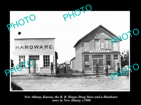 OLD LARGE HISTORIC PHOTO OF NEW ALBANY KANSAS, THE HOGUE DRUG STORE c1900