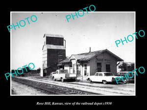 OLD LARGE HISTORIC PHOTO OF ROSE HILL KANSAS, THE RAILROAD DEPOT STATION c1960