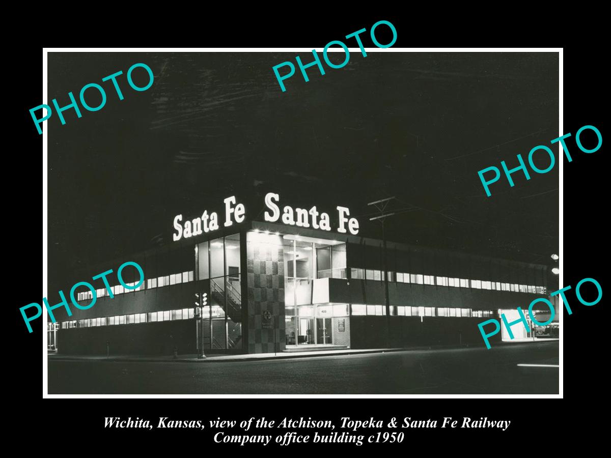 OLD LARGE HISTORIC PHOTO OF WICHITA KANSAS, THE SANTA FE RAILROAD BUILDING c1950