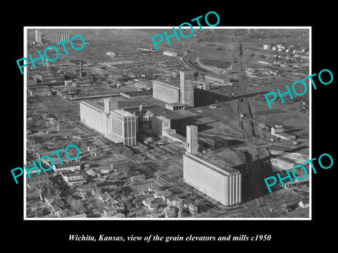 OLD LARGE HISTORIC PHOTO OF WICHITA KANSAS, AERIAL VIEW OF GRAIN ELEVATORS c1950