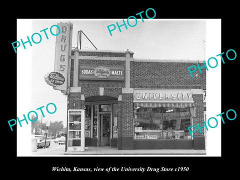 OLD LARGE HISTORIC PHOTO OF WICHITA KANSAS, THE UNIVERSITY DRUG STORE c1950