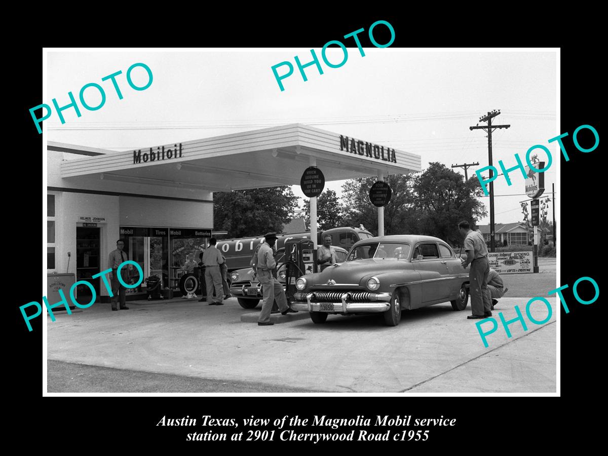 OLD LARGE HISTORIC PHOTO OF AUSTIN TEXAS, THE MAGNOLIA MOBIL GAS STATION c1955