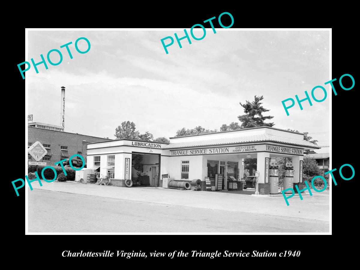 OLD LARGE HISTORIC PHOTO OF CHARLOTTESVILLE VIRGINIA, TRIANGLE GAS STATION c1940