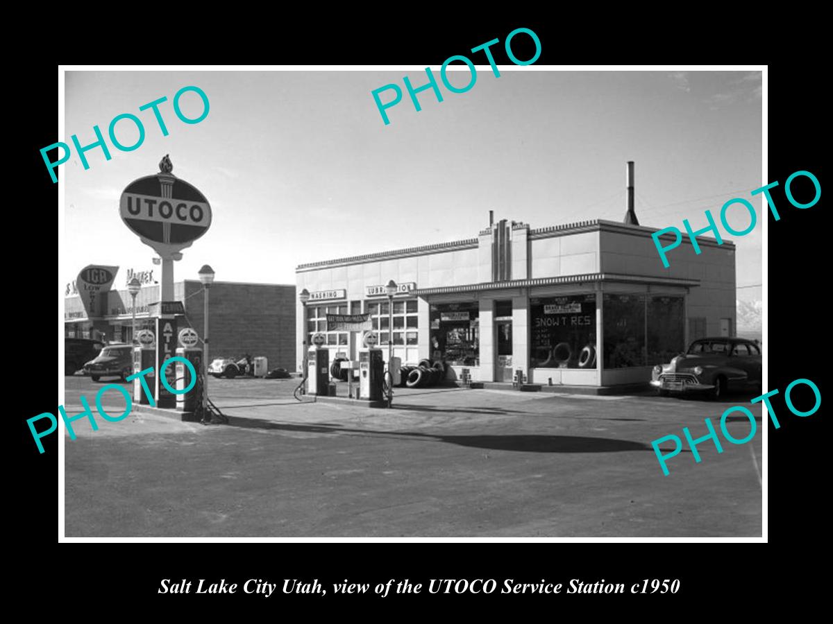 OLD LARGE HISTORIC PHOTO OF SALT LAKE CITY UTAH, THE UTOCO OIL GAS STATION 1950