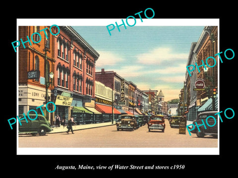 OLD LARGE HISTORIC PHOTO OF AUGUSTA MAINE, VIEW OF WATER ST & STORES c1950