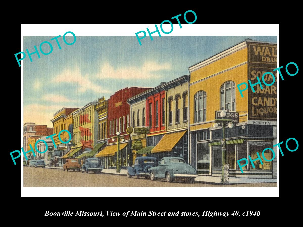 OLD LARGE HISTORIC PHOTO OF BOONVILLE MISSOURI, THE MAIN ST & STORES c1940