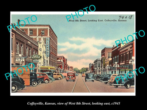 OLD LARGE HISTORIC PHOTO OF COFFEYVILLE KANSAS, VIEW OF WEST 8th STREET c1945