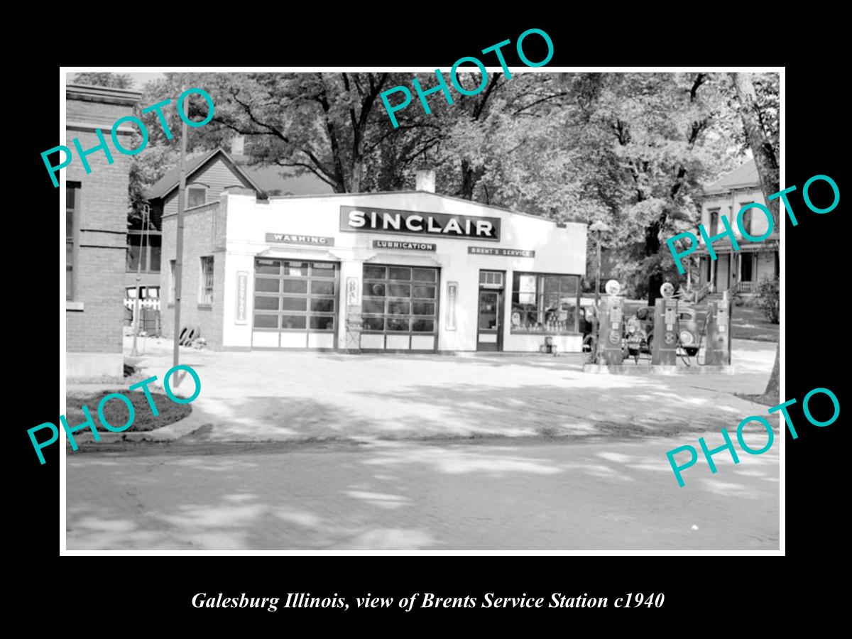 OLD LARGE HISTORIC PHOTO OF GALESBURG ILLINOIS, VIEW OF BRENTS GAS STATION c1940