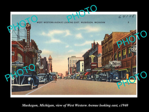 OLD LARGE HISTORIC PHOTO OF MUSKEGON MICHIGAN, VIEW OF WEST WESTERN Ave c1940