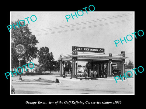 OLD LARGE HISTORIC PHOTO OF ORANGE TEXAS, THE GULF OIL GAS STATION c1930