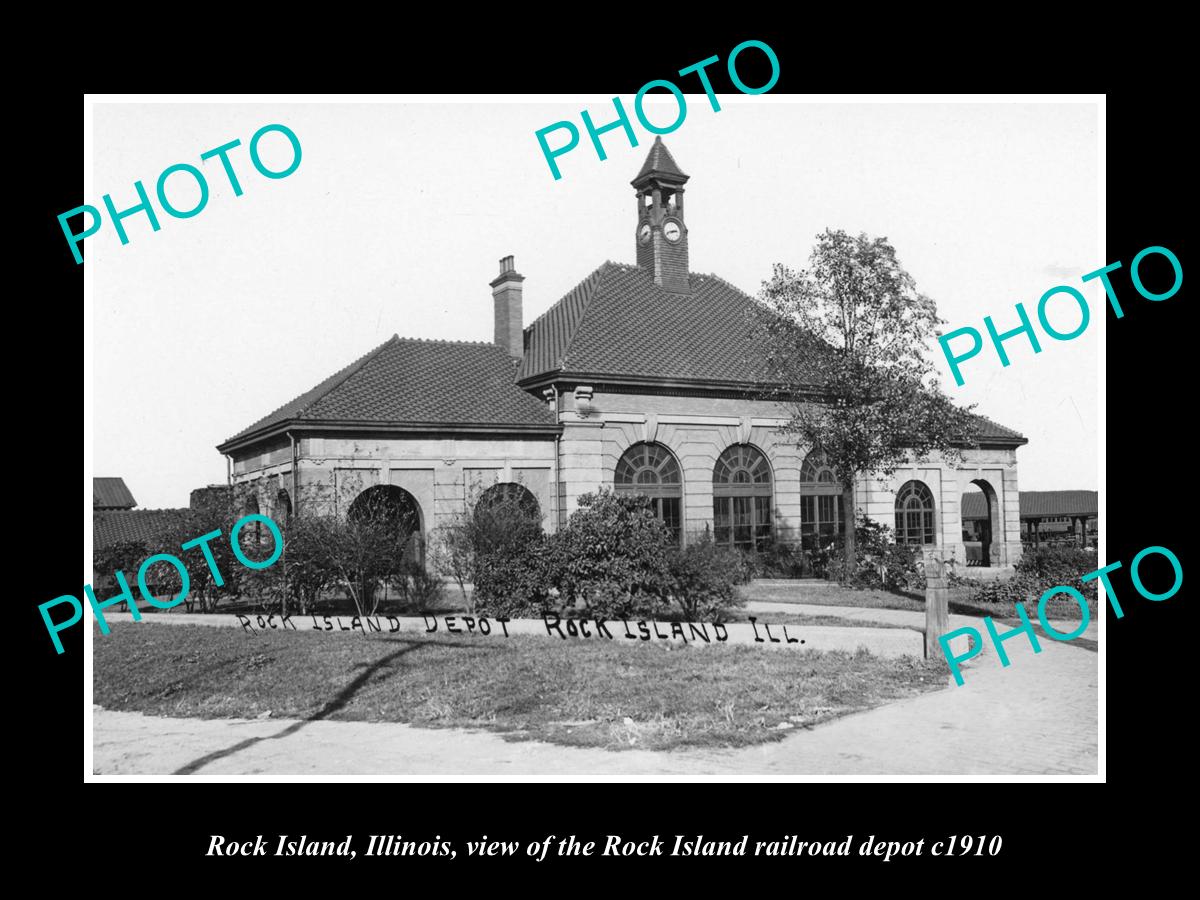 OLD LARGE HISTORIC PHOTO OF ROCK ISLAND ILLINOIS, RAILROAD DEPOT STATION c1910