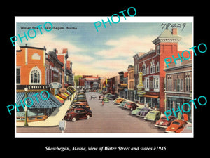 OLD LARGE HISTORIC PHOTO OF SKOWHEGAN MAINE, VIEW OF WATER St & STORES c1945