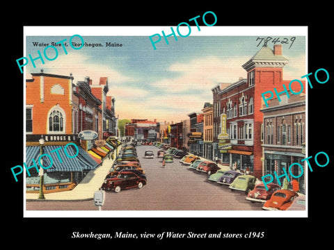 OLD LARGE HISTORIC PHOTO OF SKOWHEGAN MAINE, VIEW OF WATER St & STORES c1945