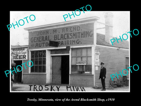 OLD LARGE HISTORIC PHOTO OF TROSKY MINNESOTA, THE AREND BLACKSMITH STORE c1910