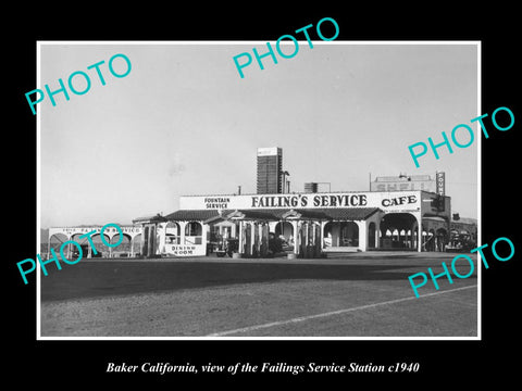 OLD LARGE HISTORIC PHOTO OF BAKER CALIFORNIA, THE FAILINGS SERVICE STATION c1940