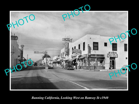 OLD LARGE HISTORIC PHOTO OF BANNING CALIFORNIA, VIEW OF RAMSEY St, HOTEL c1940