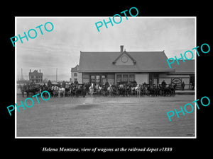 OLD LARGE HISTORIC PHOTO OF HELENA MONTANA, WAGONS AT RAILROAD DEPOT c1880