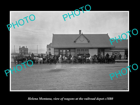 OLD LARGE HISTORIC PHOTO OF HELENA MONTANA, WAGONS AT RAILROAD DEPOT c1880