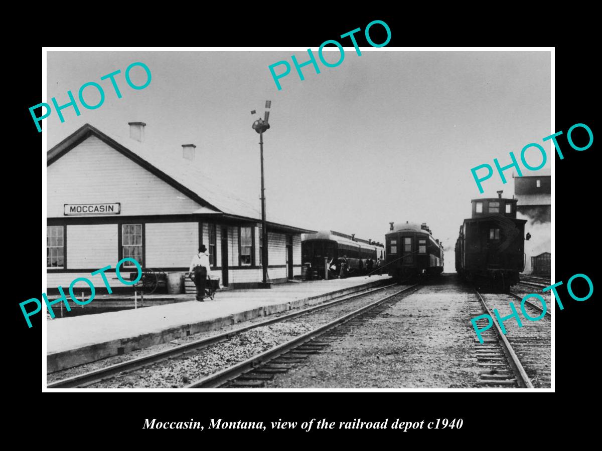 OLD LARGE HISTORIC PHOTO OF MOCCASIN MONTANA, THE RAILROAD DEPOT STATION c1940