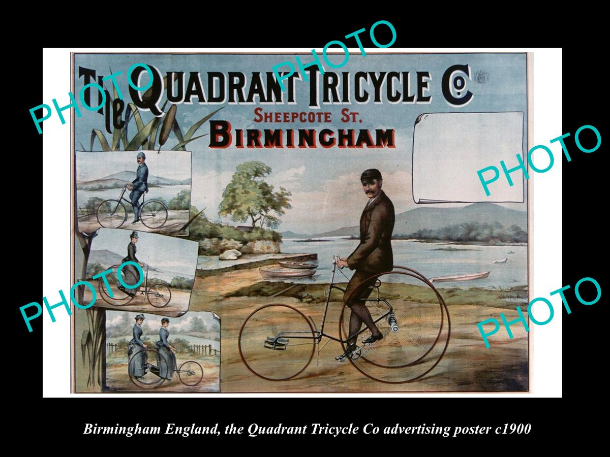 OLD HISTORIC PHOTO OF BIRMINGHAM ENGLAND, THE QUADRANT TRICYCLE Co POSTER c1900