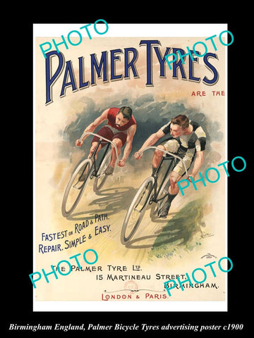 OLD HISTORIC PHOTO OF BIRMINGHAM ENGLAND, PALMER BICYCLE TYRES POSTER c1900