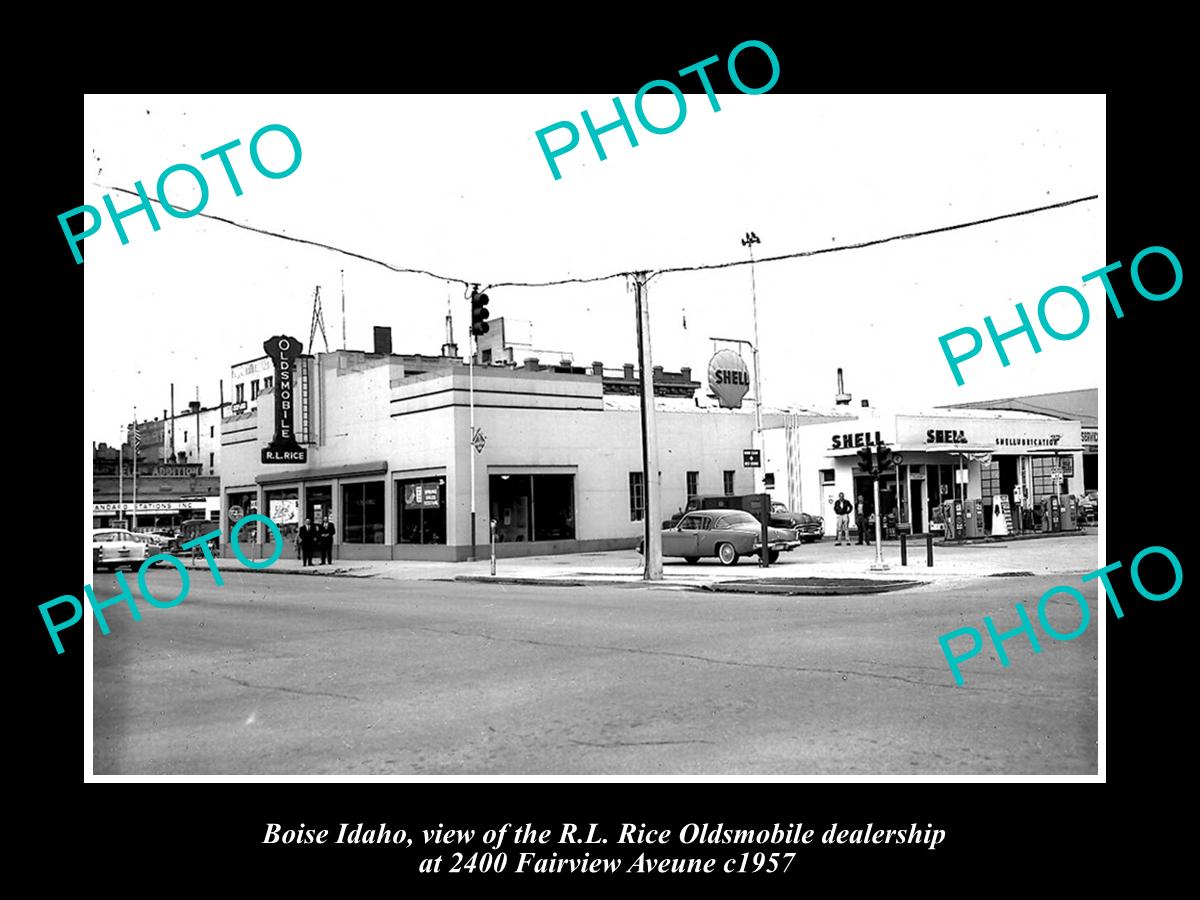 OLD LARGE HISTORIC PHOTO OF BIOSE IDAHO, THE OLDSMOBILE CAR DEALERSHIP c1957