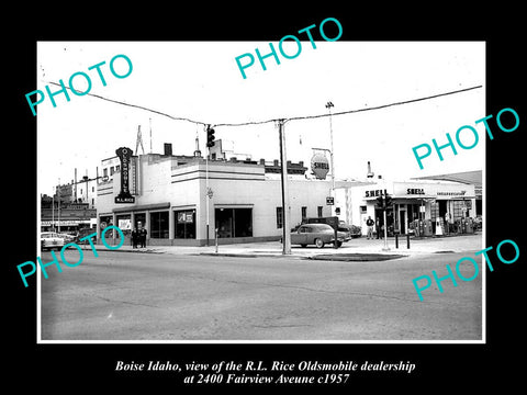 OLD LARGE HISTORIC PHOTO OF BIOSE IDAHO, THE OLDSMOBILE CAR DEALERSHIP c1957