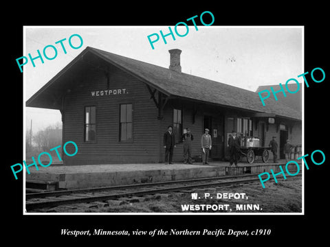 OLD LARGE HISTORIC PHOTO OF WESTPORT MINNESOTA, VIEW OF THE RAILROAD DEPOT c1910