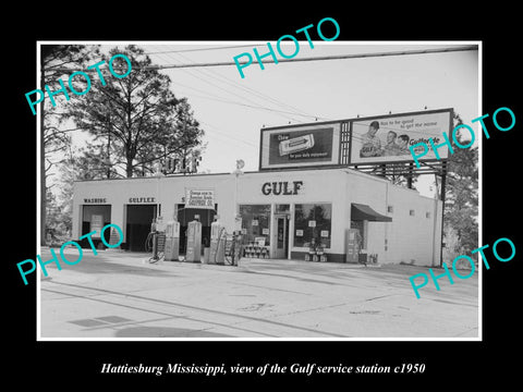 OLD LARGE HISTORIC PHOTO OF HATTIESBURG MISSISSIPPI, GULF OIL GAS STATION c1950