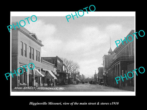 OLD LARGE HISTORIC PHOTO OF HIGGINSVILLE MISSOURI, MAIN STREET & STORES c1910