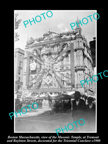 OLD LARGE HISTORIC PHOTO OF BOSTON MASONIC TEMPLE, DECORATED c1900 MASSACHUSETTS