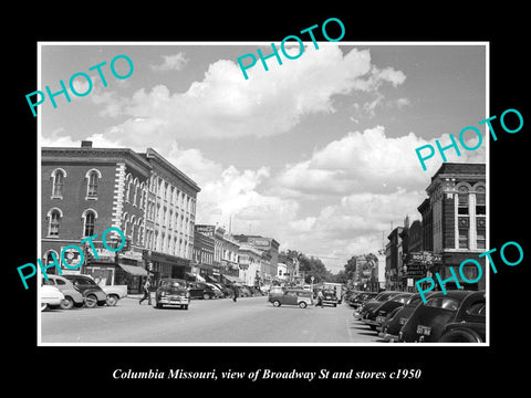 OLD LARGE HISTORIC PHOTO OF COLUMBIA MISSOURI, VIEW OF BROADWAY & STORES c1950