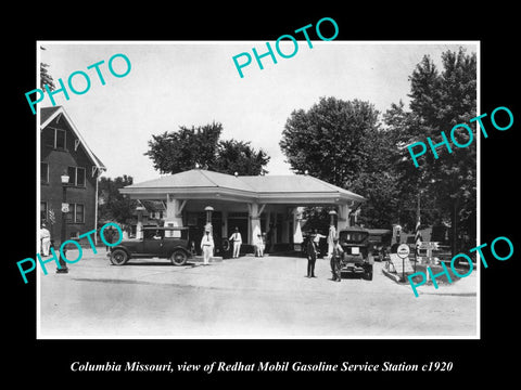 OLD LARGE HISTORIC PHOTO OF COLUMBIA MISSOURI, THE REDHAT MOBIL GAS STATION 1920