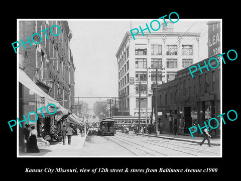 OLD LARGE HISTORIC PHOTO OF KANSAS CITY MISSOURI, VIEW OF 12th & STORES c1900