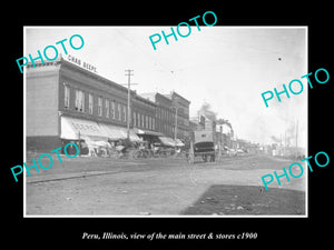 OLD LARGE HISTORIC PHOTO OF PERU ILLINOIS, THE MAIN STREET & STORES c1900