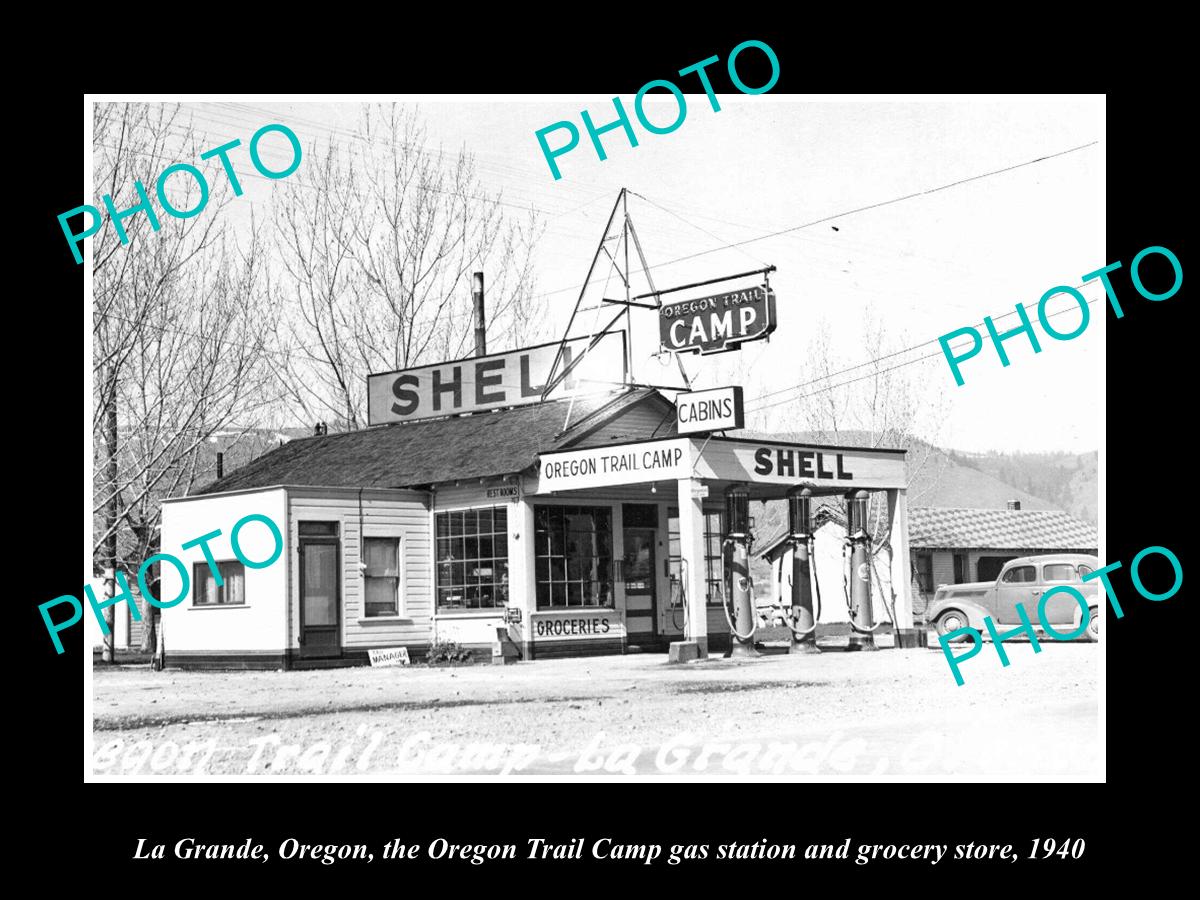 OLD LARGE HISTORIC PHOTO OF LA GRANDE OREGON, THE SHELL OIL GAS STATION c1940