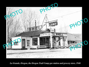 OLD LARGE HISTORIC PHOTO OF LA GRANDE OREGON, THE SHELL OIL GAS STATION c1940